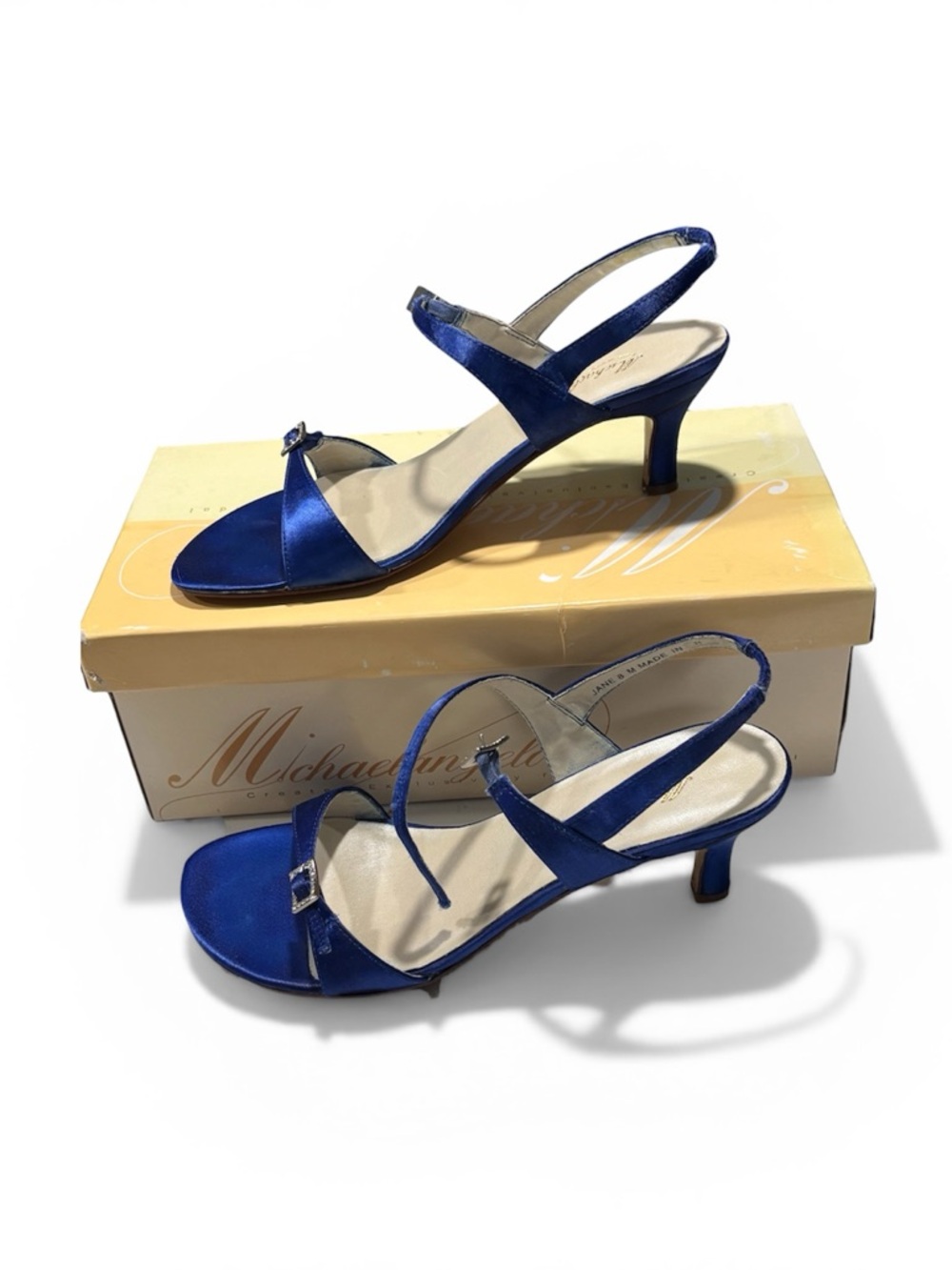 Michaelangelo David’s Bridal Blue Satin Slingback Ankle Strap Kitten Heels 8M